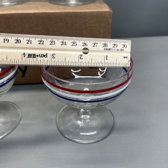 VTG Clear Glass Sherbet Dessert Bowls Footed Dishes Red White Blue Accent Rims - Picture 8 of 9